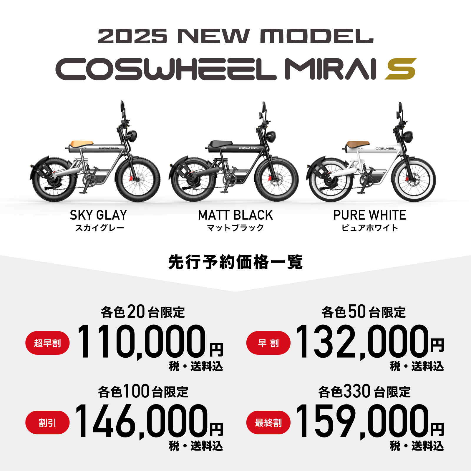 2025年1月10日昼12時よりNEW COSWHEEL MIRAI 電動バイク・電動自転車 